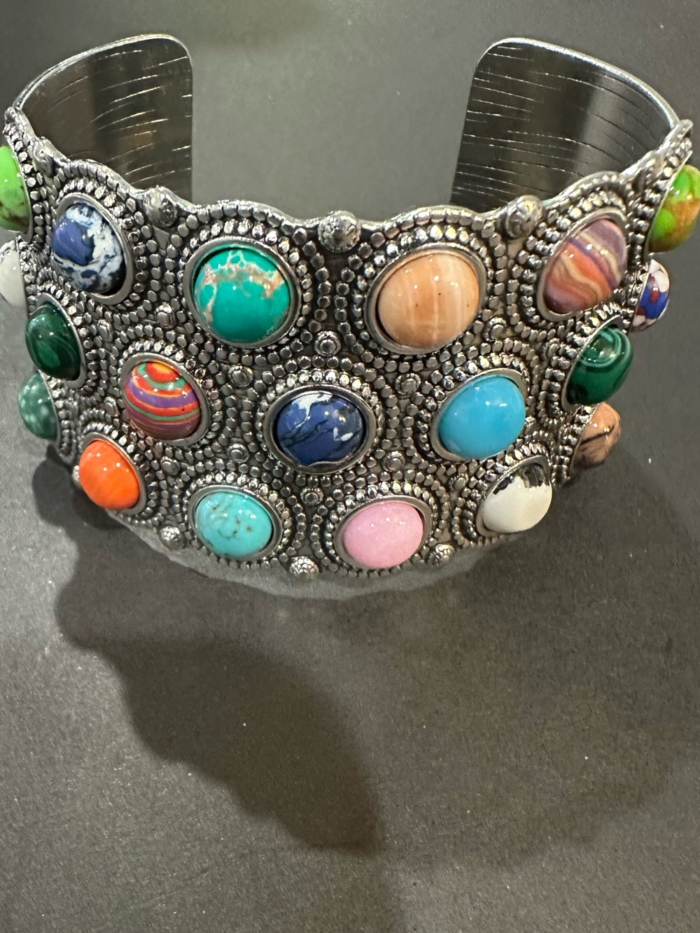 Silver Tone Multicolor Stone Cuff Bracelet in a Size 7.5